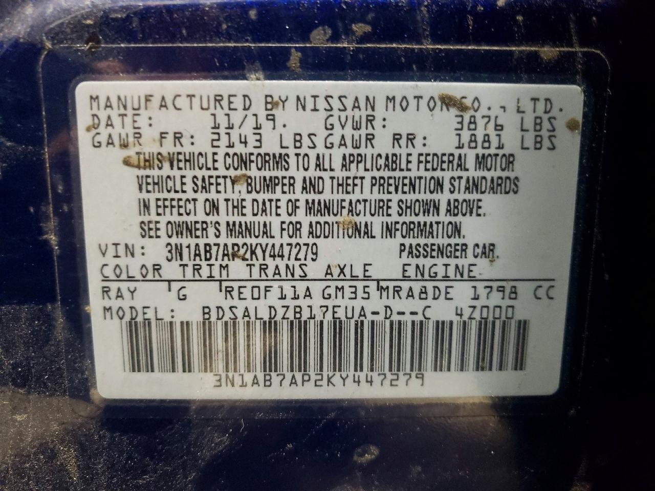 2019 NISS Sentra VIN 3N1AB7AP2KY447279 photo 12