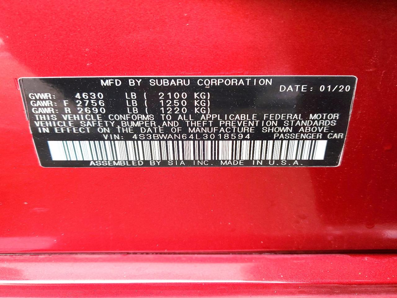 2020 SUBARU LEGACY VIN 4S3BWAN64L3018594 photo 12