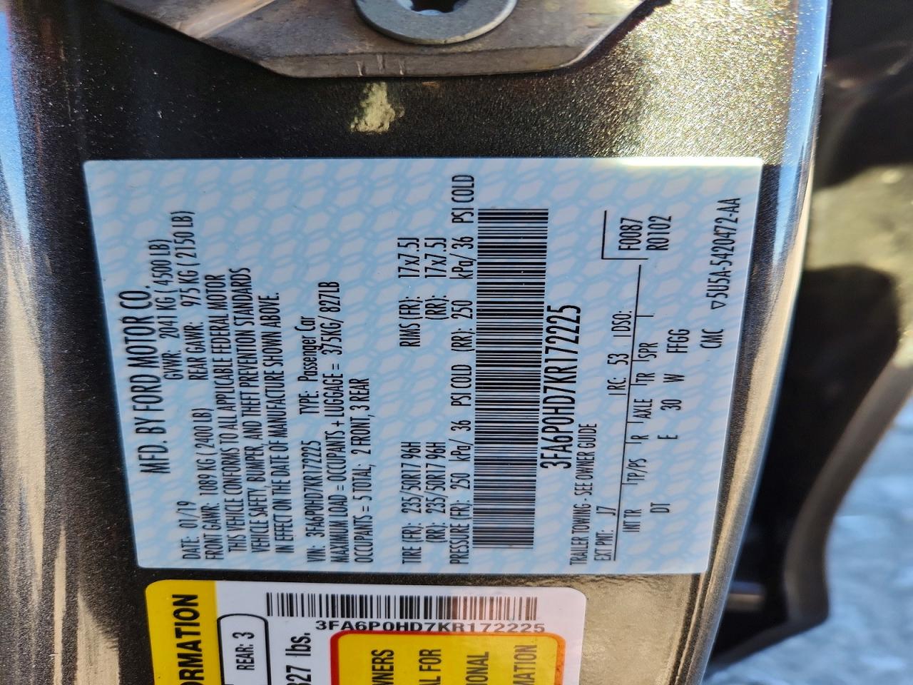 2019 Ford Fusion VIN 3FA6P0HD7KR172225 photo 12
