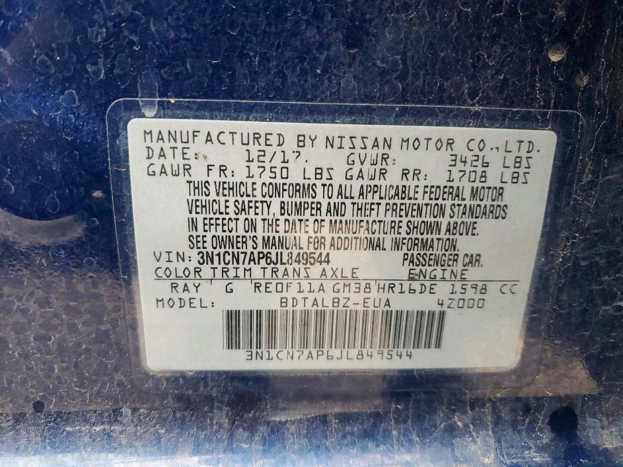 2018 NISS Versa VIN 3N1CN7AP6JL849544 photo 12