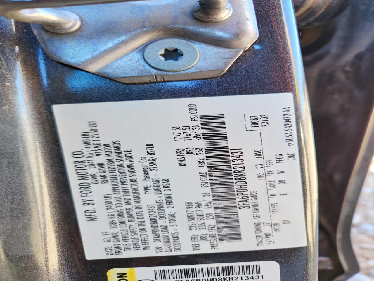 2019 FORD Fusion VIN 3FA6P0HD8KR213431 photo 12