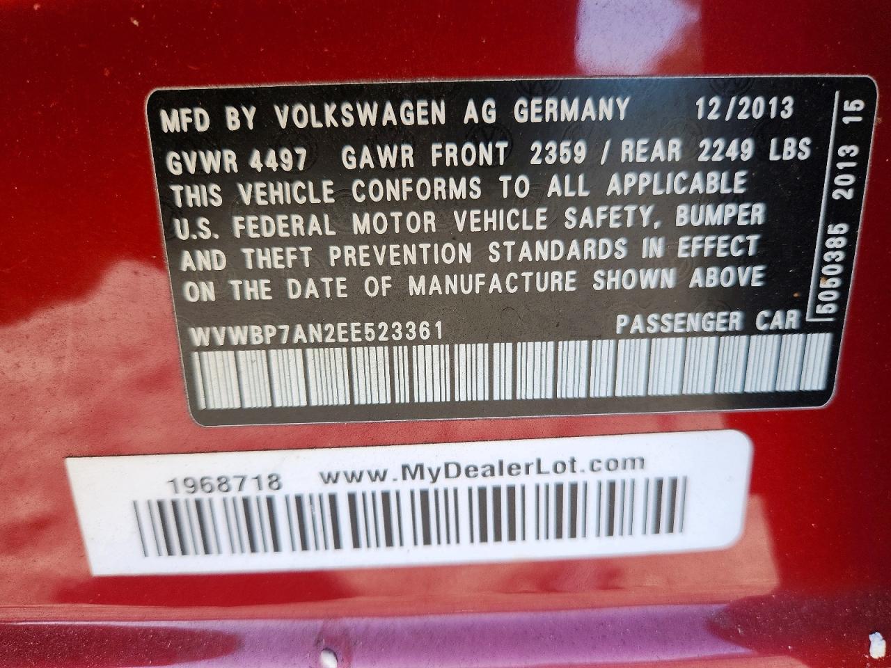 2014 Volkswagen Cc VIN WVWBP7AN2EE523361 photo 12
