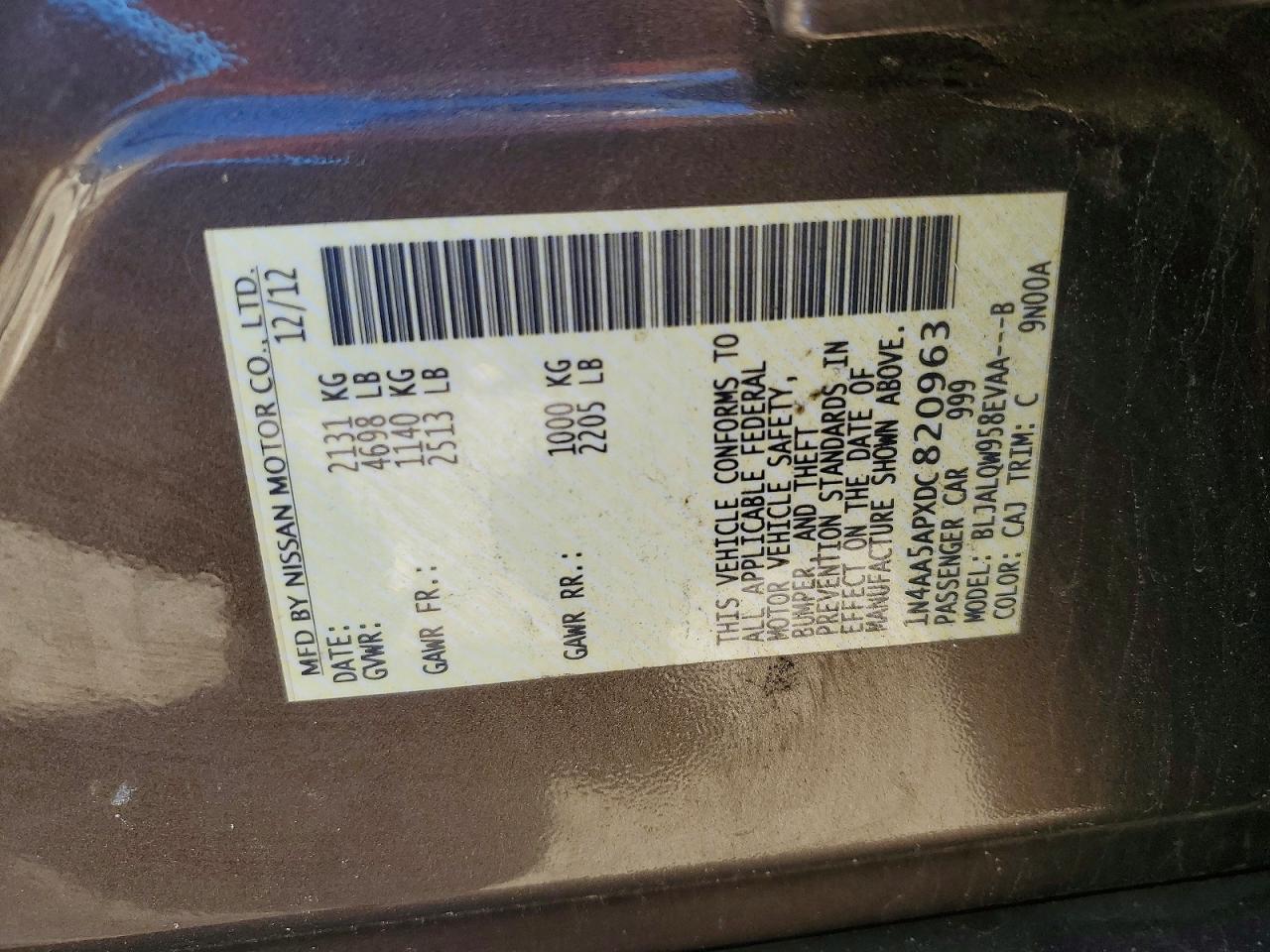 2013 Niss Maxima VIN 1N4AA5APXDC820963 photo 12