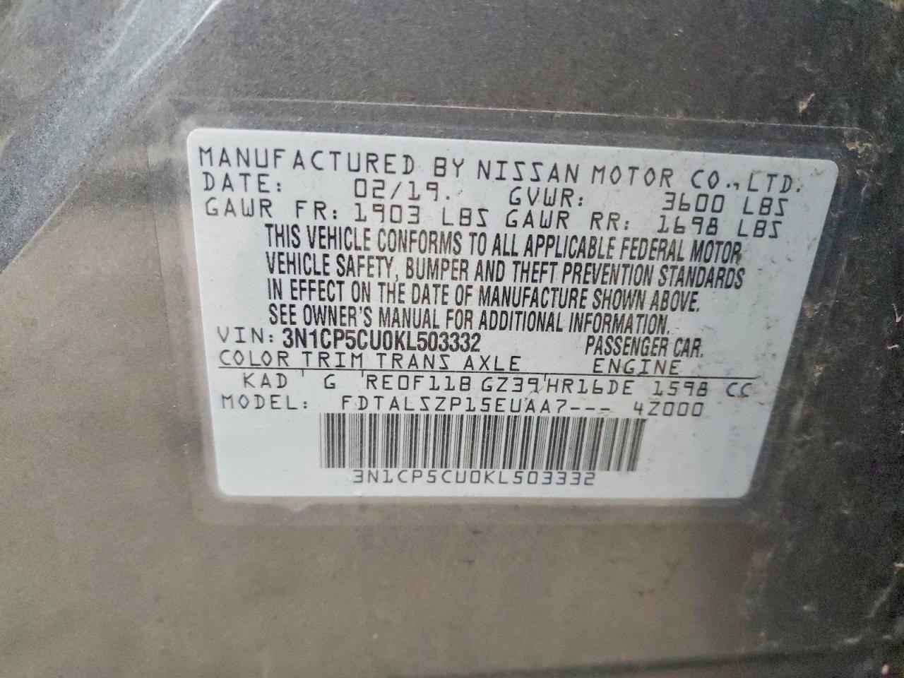 2019 Niss Kicks VIN 3N1CP5CU0KL503332 photo 12