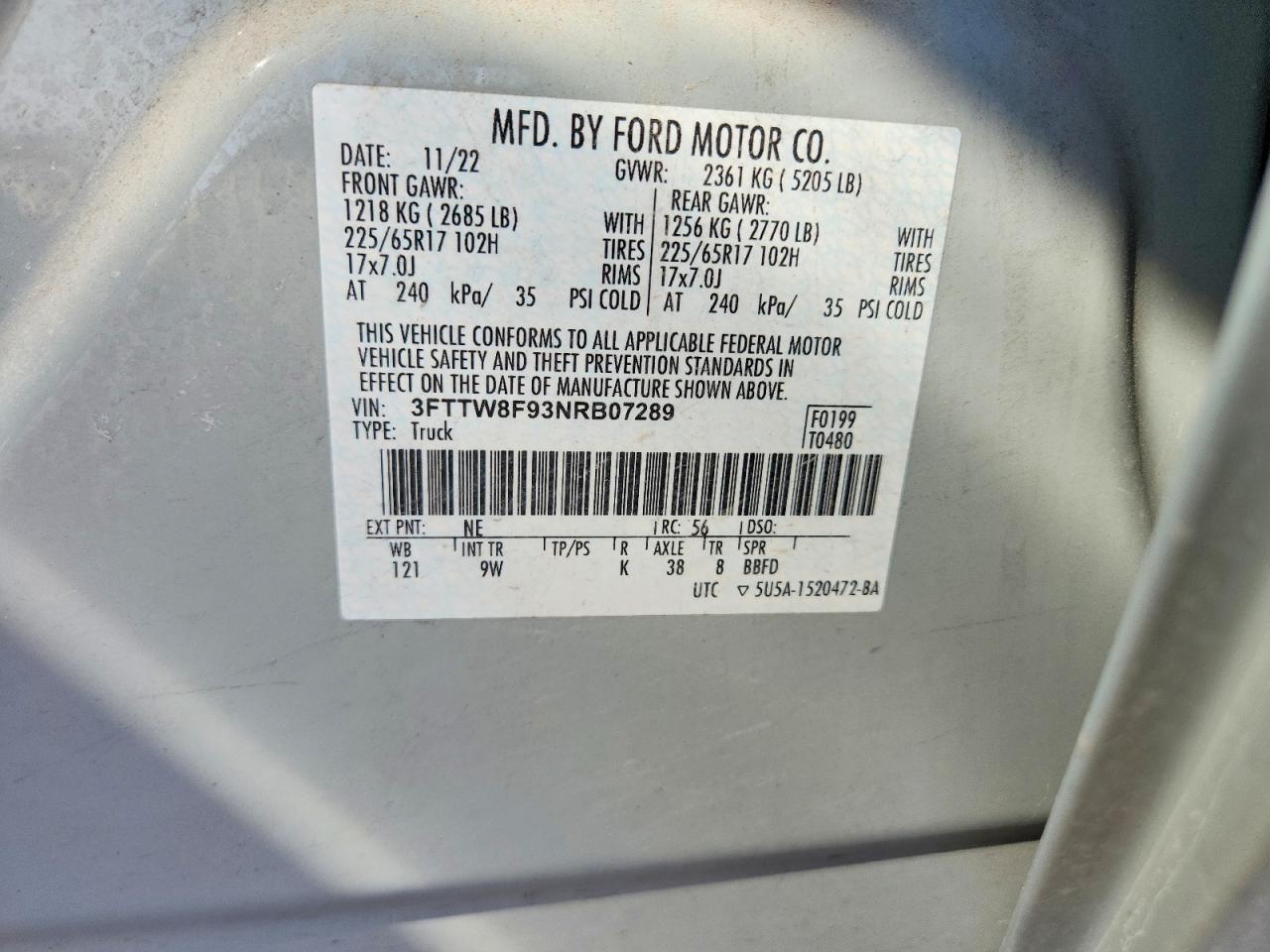 2022 Ford Maverick VIN 3FTTW8F93NRB07289 photo 12