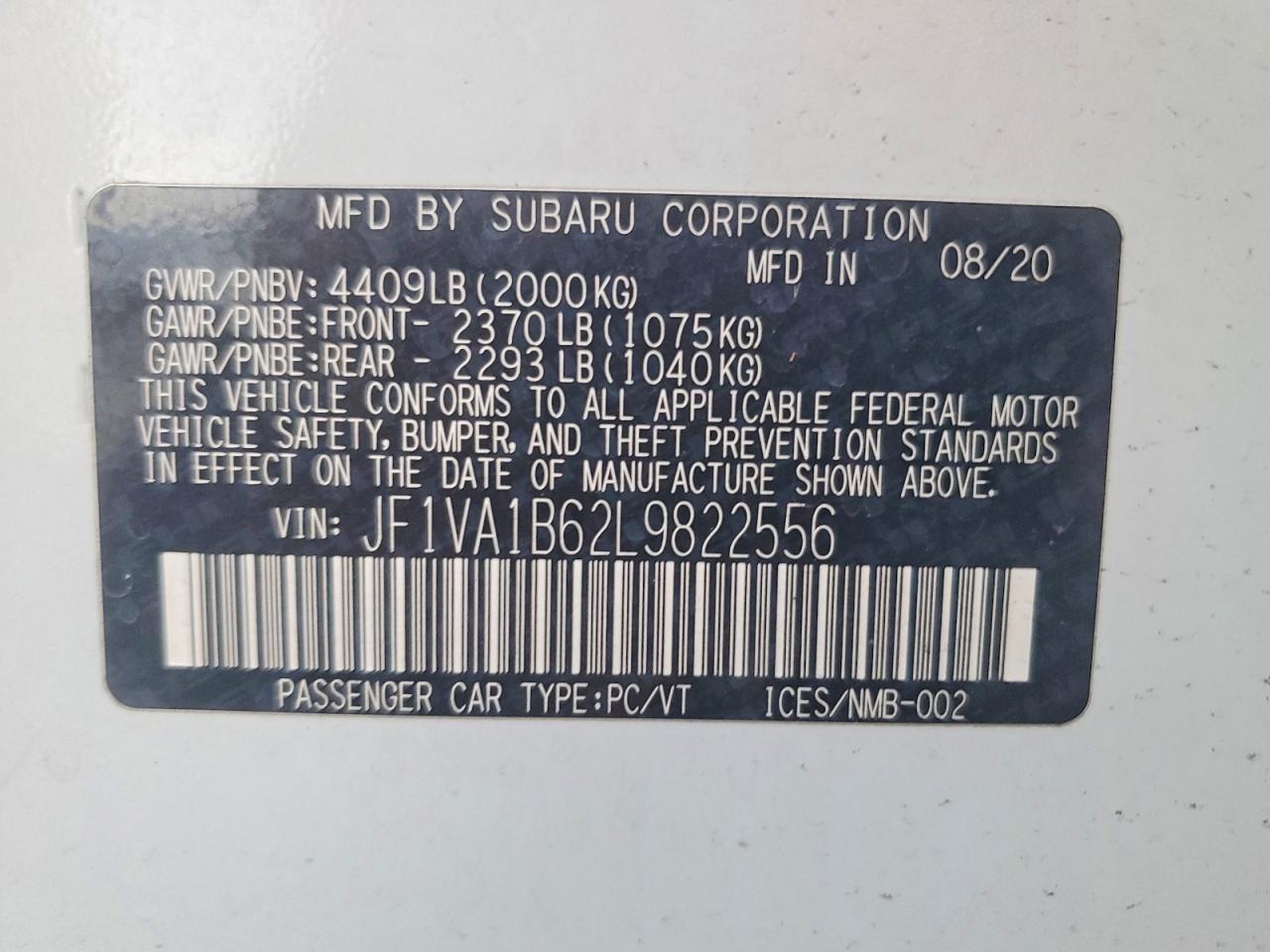 2020 Subaru Wrx VIN JF1VA1B62L9822556 photo 12