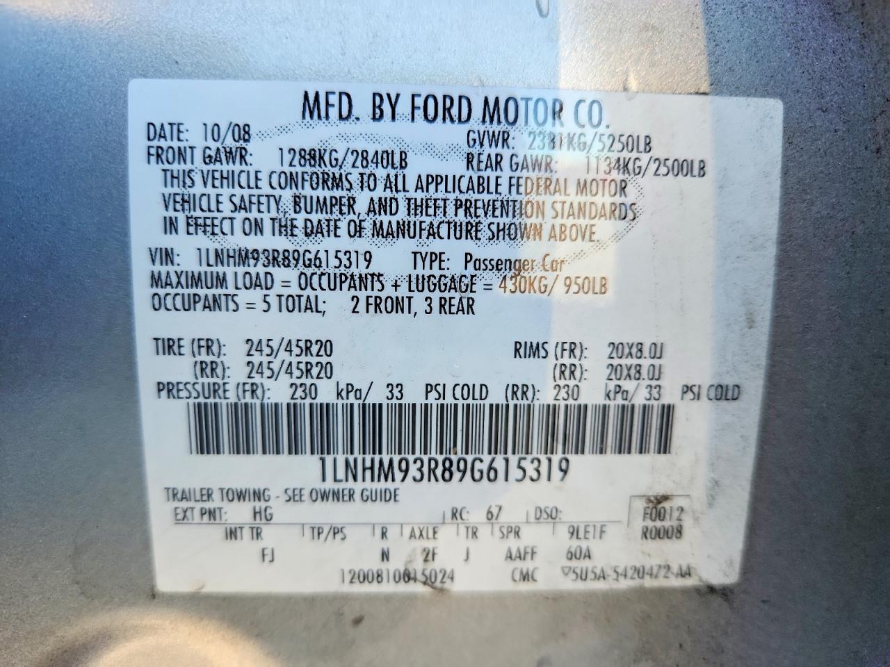 2009 Lincoln Mks VIN 1LNHM93R89G615319 photo 12