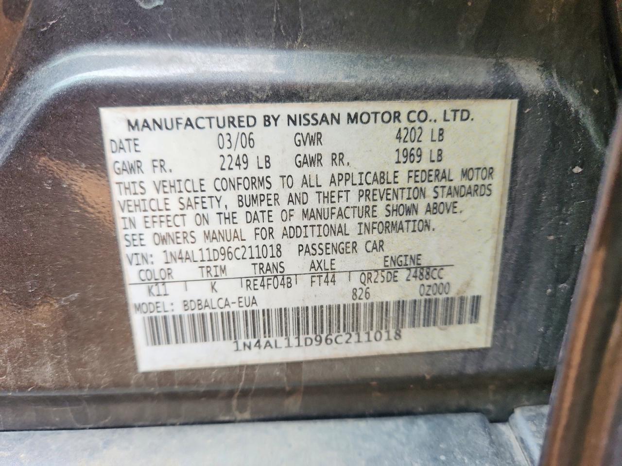 2006 NISS Altima VIN 1N4AL11D96C211018 photo 12