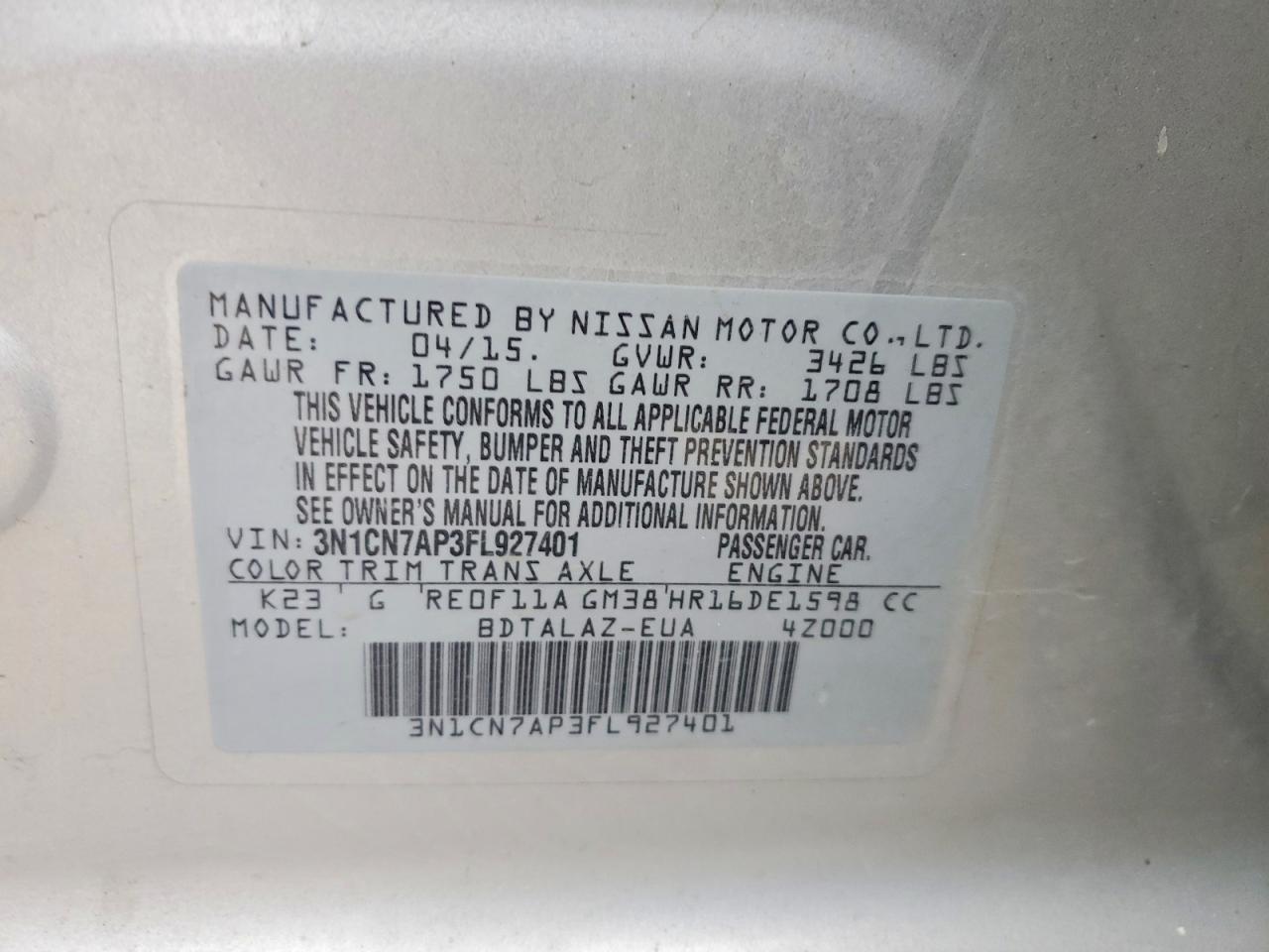 2015 NISS Versa VIN 3N1CN7AP3FL927401 photo 12