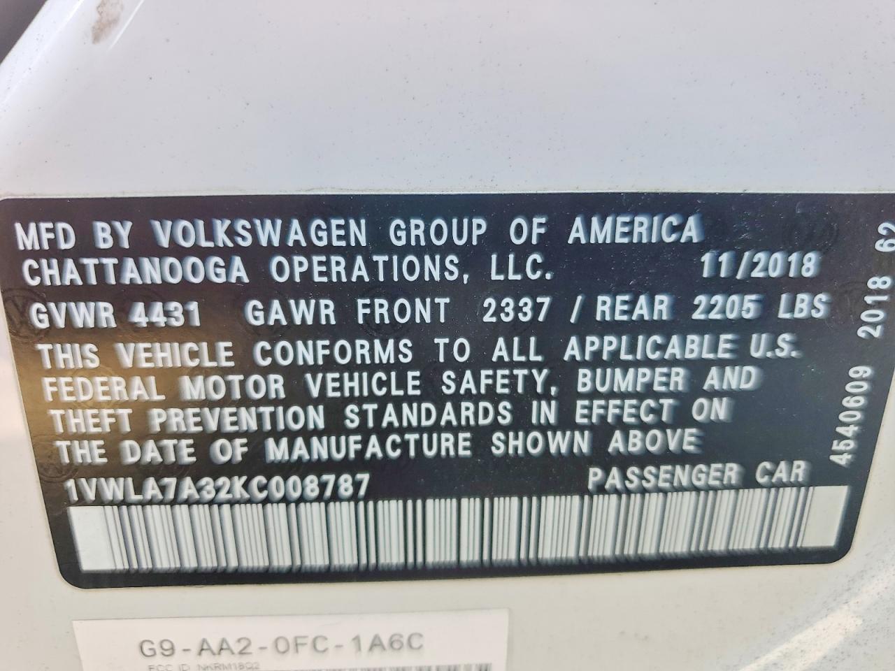 2019 Volkswagen Passat VIN 1VWLA7A32KC008787 photo 12