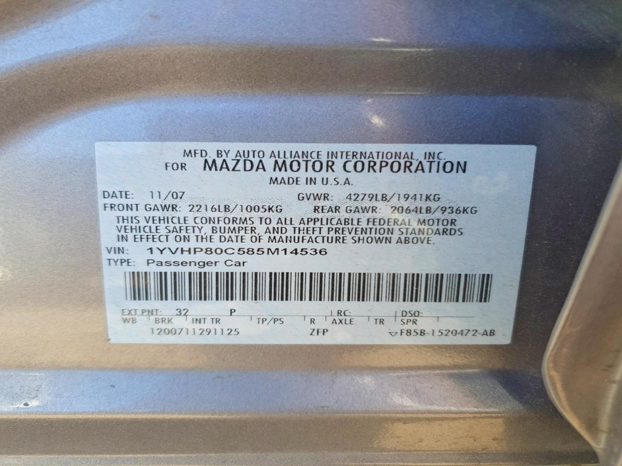 2008 MAZDA 6 VIN 1YVHP80C585M14536 photo 11