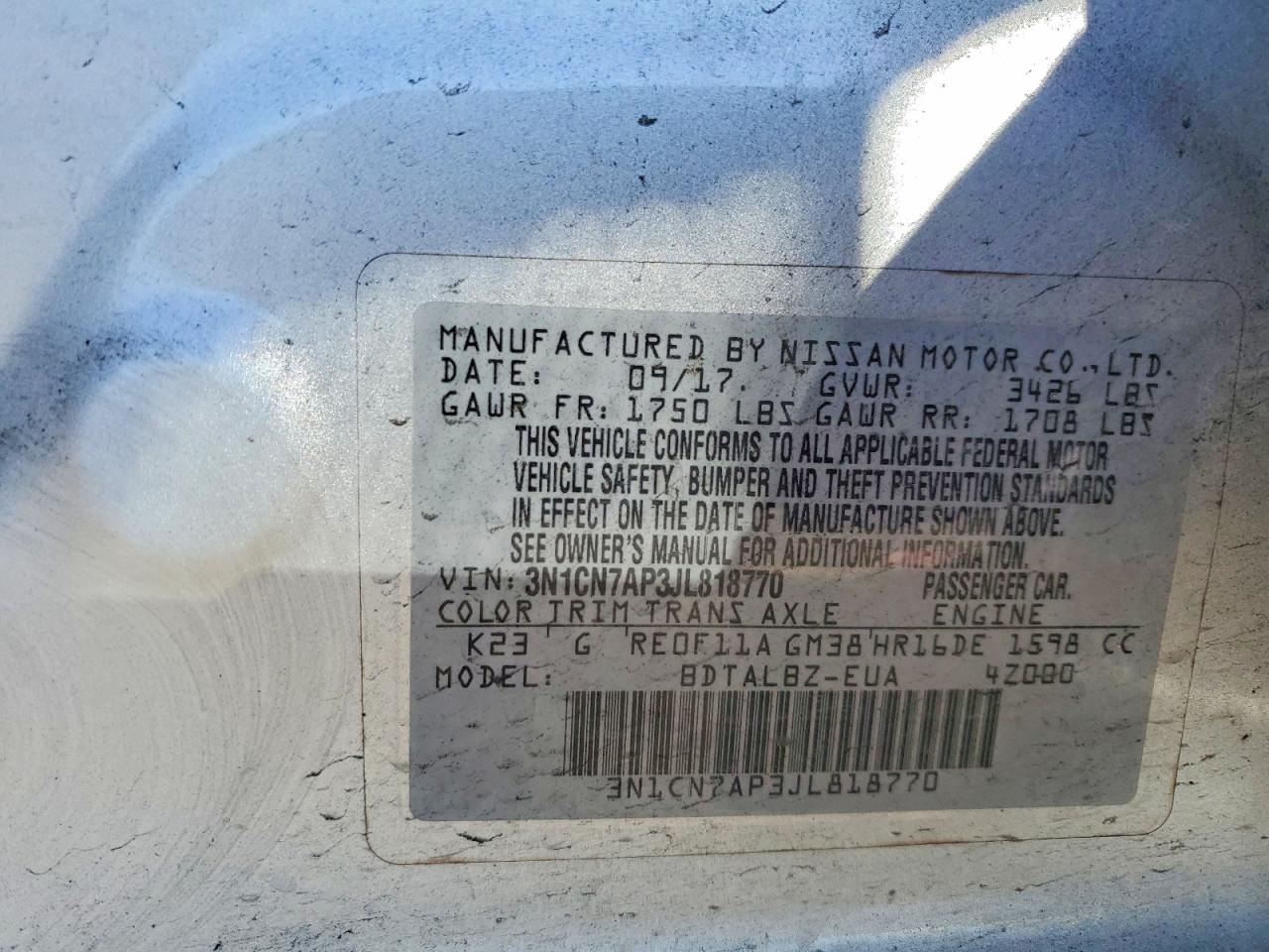 2018 Niss Versa VIN 3N1CN7AP3JL818770 photo 12