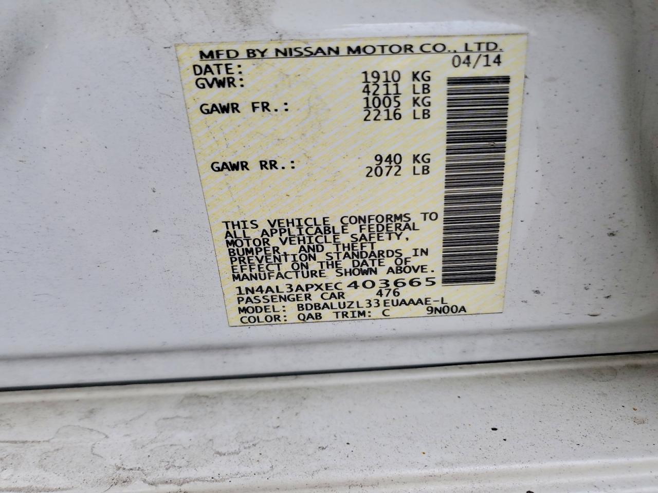 2014 NISS Altima VIN 1N4AL3APXEC403665 photo 12