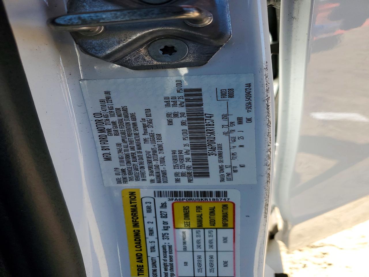 2019 Ford Fusion VIN 3FA6P0RU5KR185747 photo 12