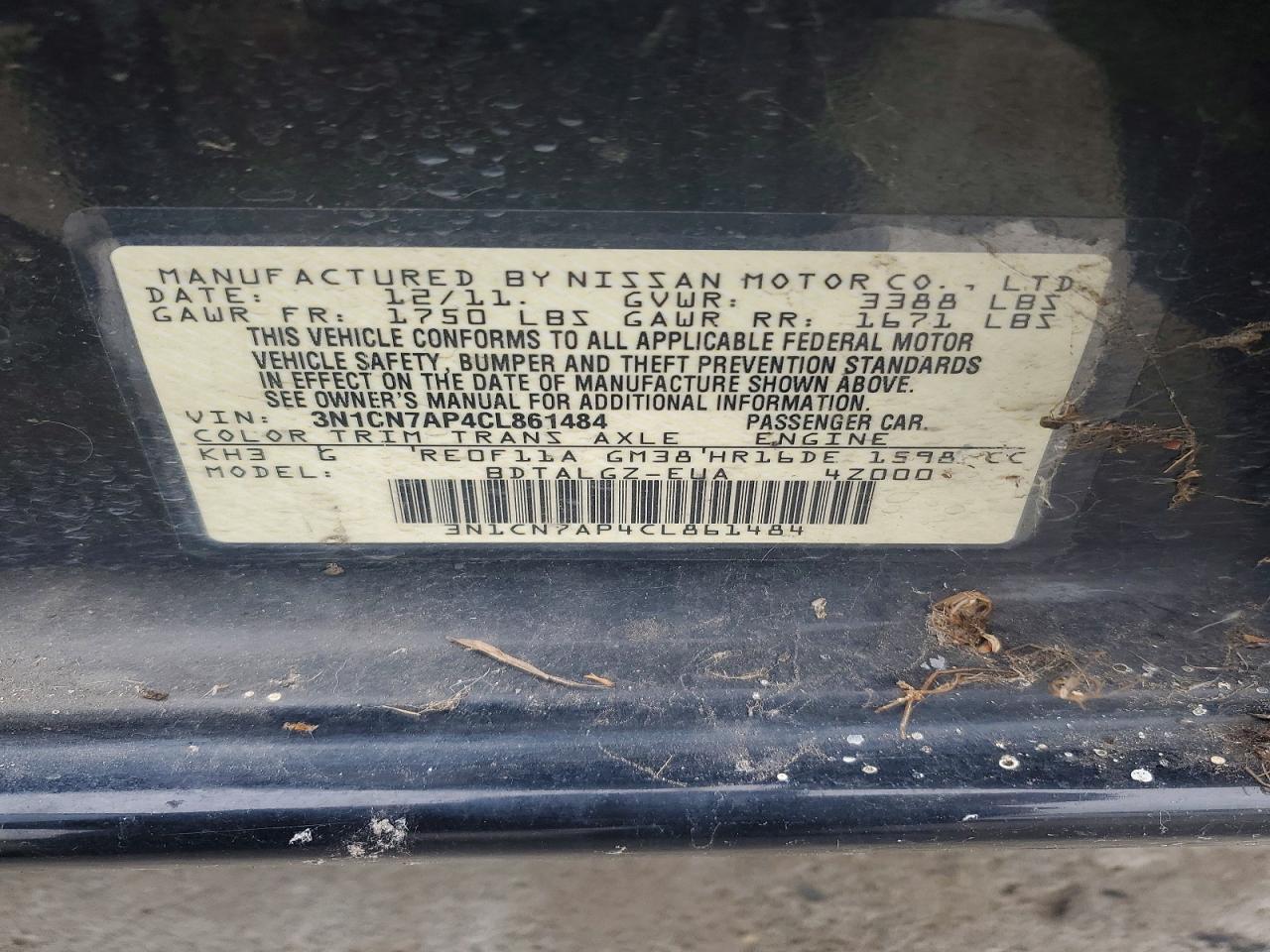 2012 NISS Versa VIN 3N1CN7AP4CL861484 photo 12