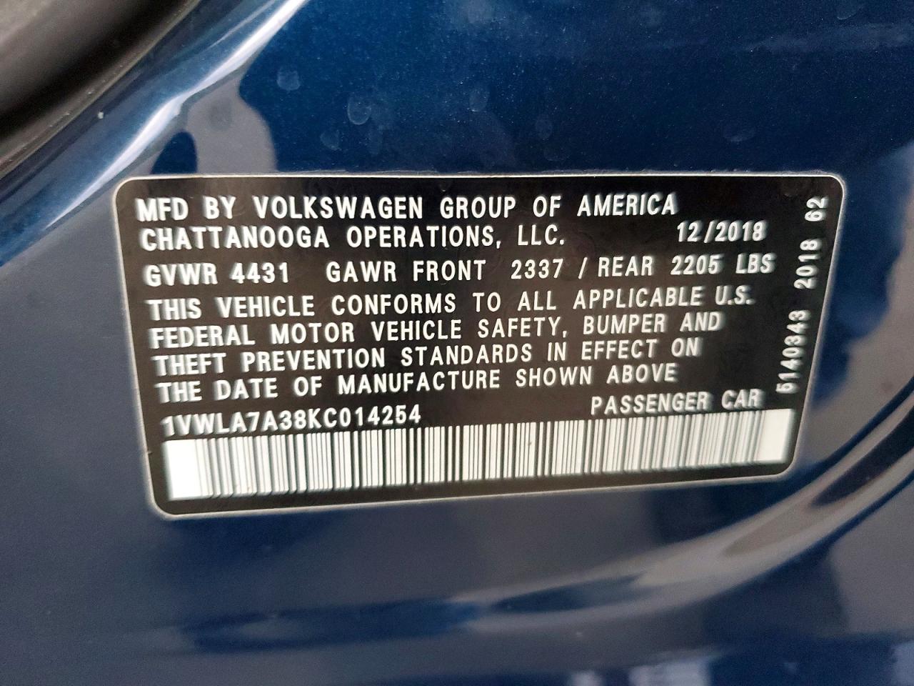 2019 Volkswagen Passat VIN 1VWLA7A38KC014254 photo 12