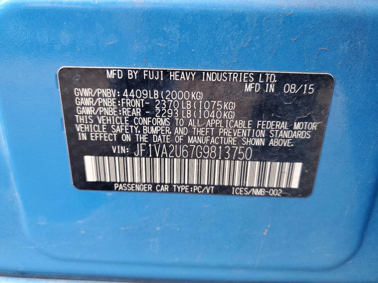 2016 Subaru Wrx VIN JF1VA2U67G9813750 photo 12