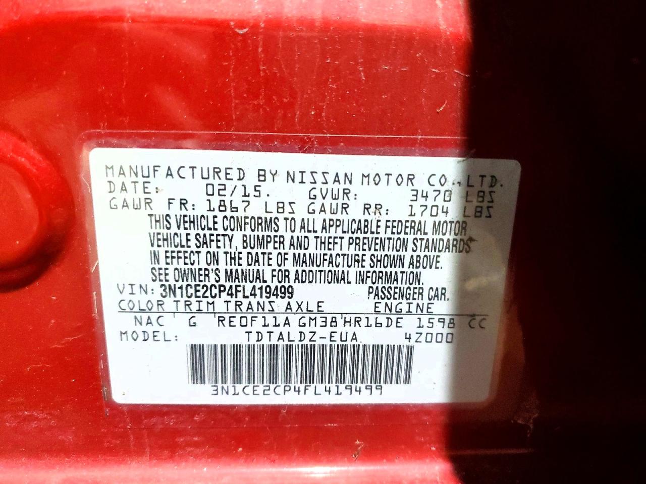2015 NISS Versa VIN 3N1CE2CP4FL419499 photo 12