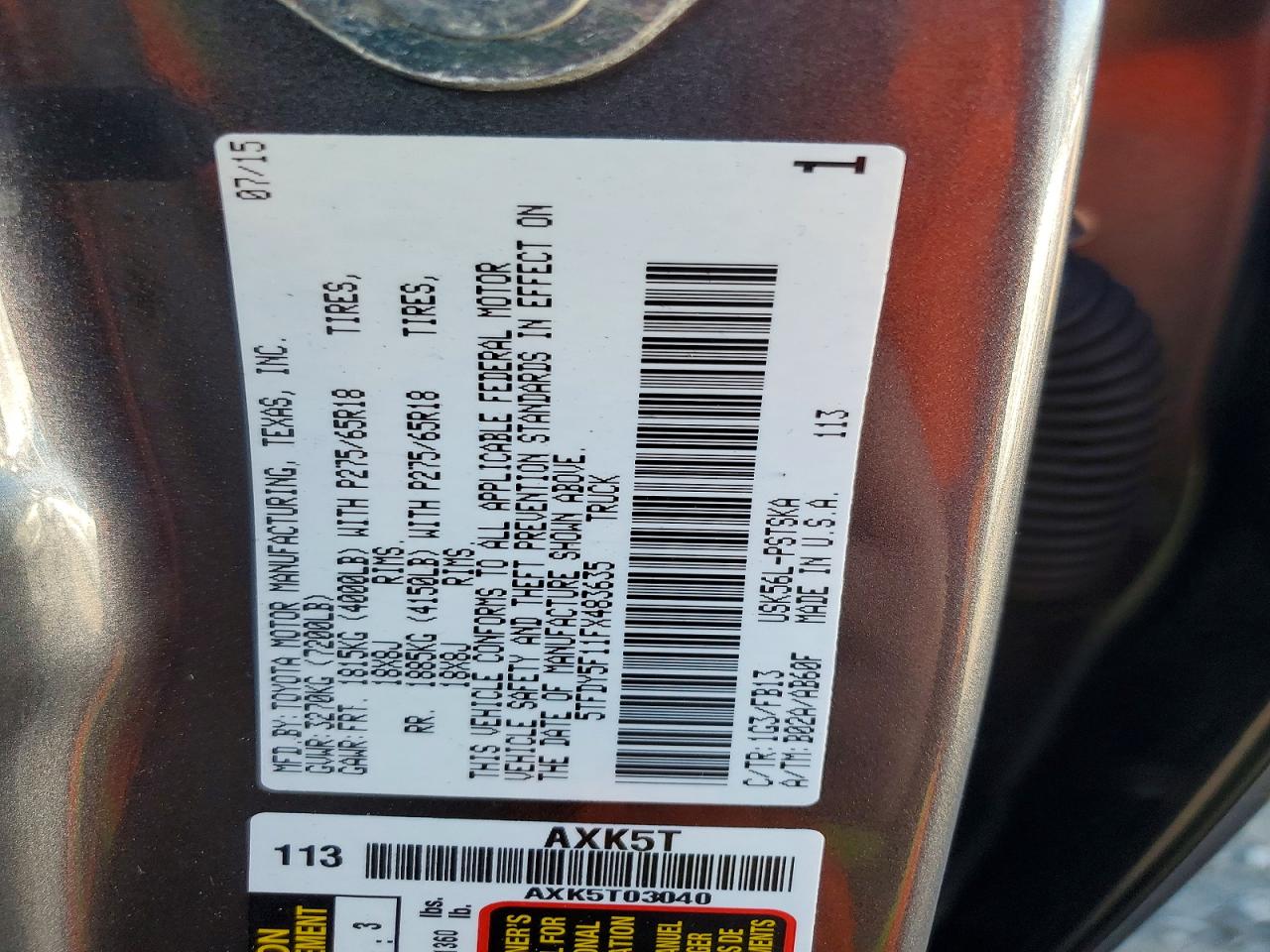 2015 Toyota Tundra VIN 5TFDY5F11FX483635 photo 12