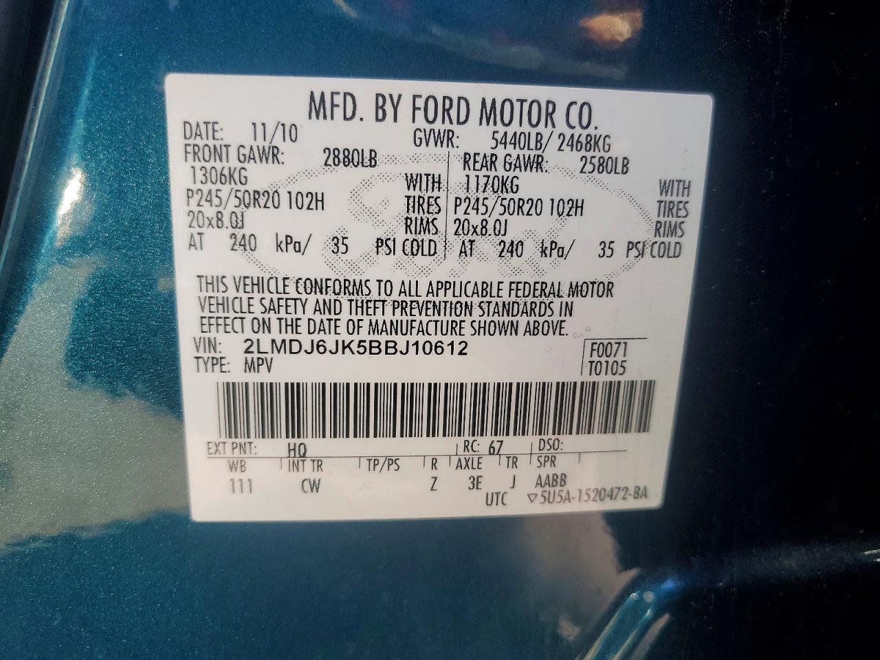 2011 Lincoln Mkx VIN 2LMDJ6JK5BBJ10612 photo 12