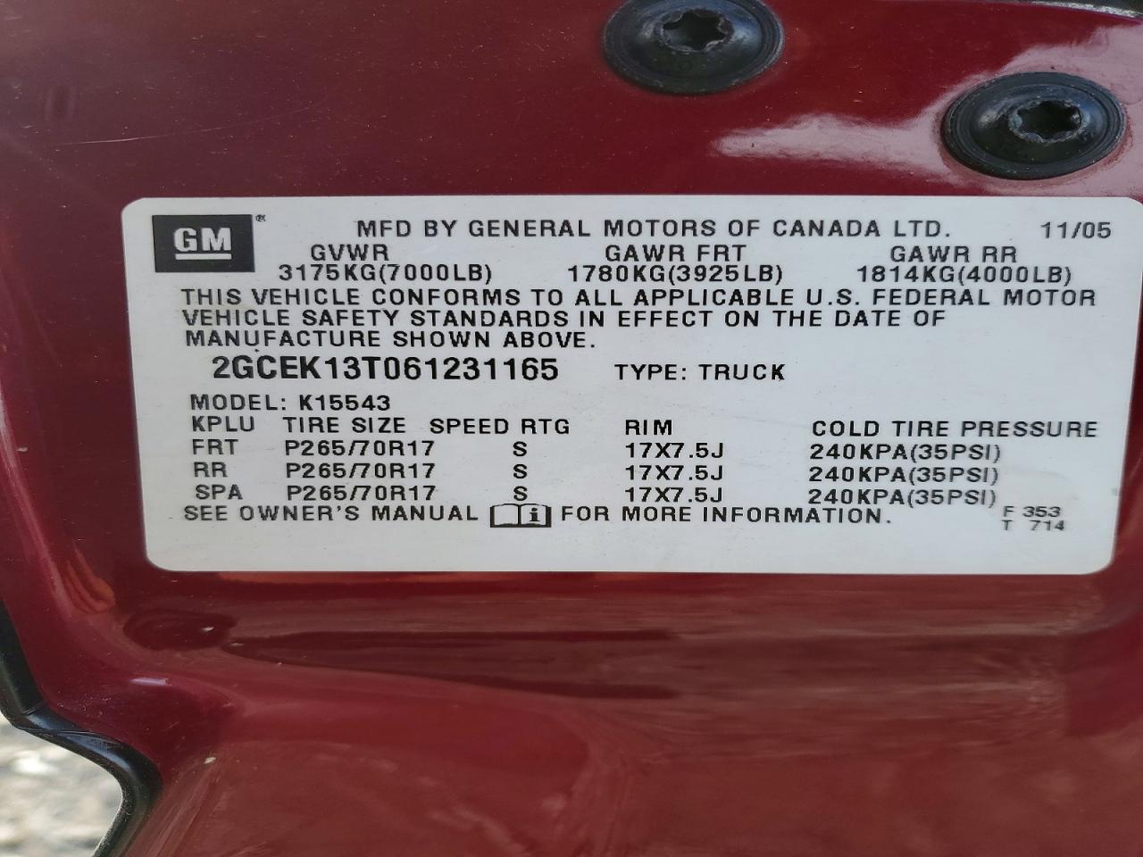 2006 Chevrolet All models VIN 2GCEK13T061231165 photo 12