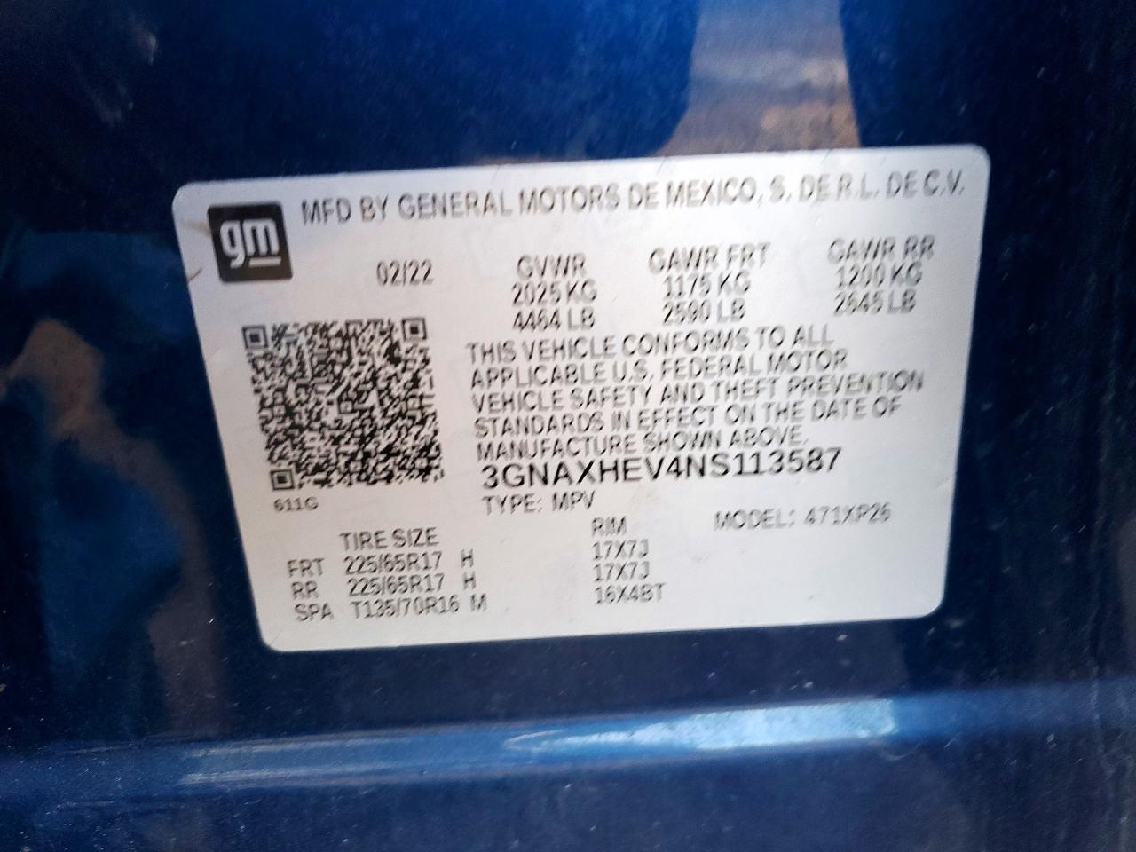 2022 Chev Equinox VIN 3GNAXHEV4NS113587 photo 12