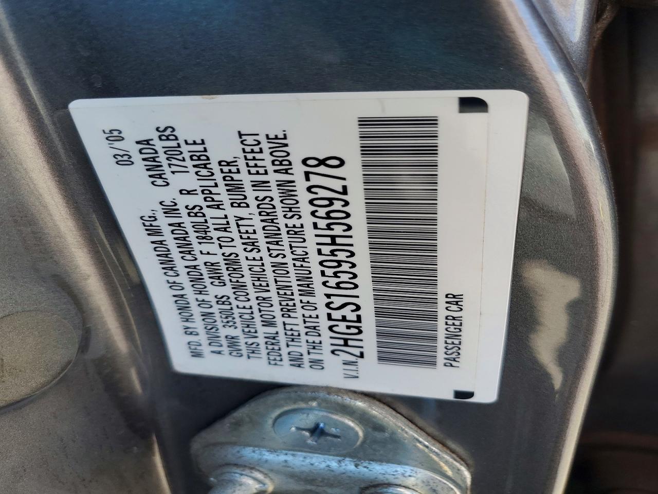 2005 Honda Civic VIN 2HGES16595H569278 photo 12