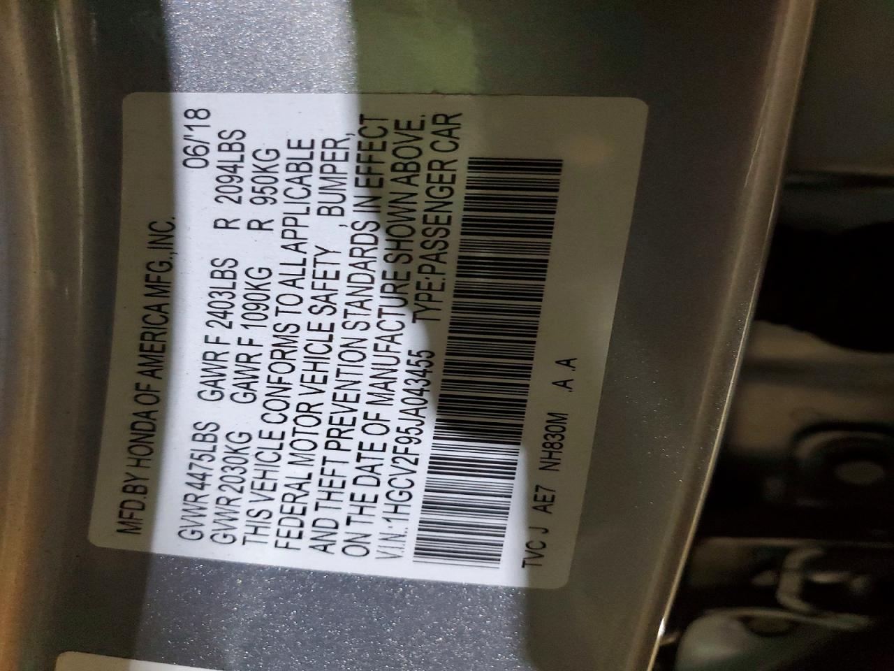 2018 HONDA Accord VIN 1HGCV2F95JA043455 photo 12