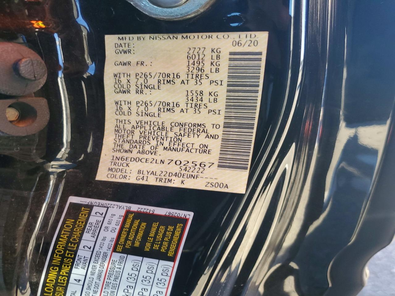 2020 NISS Frontier VIN 1N6ED0CE2LN702567 photo 12