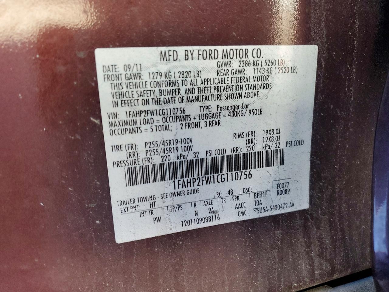 2012 Ford Taurus VIN 1FAHP2FW1CG110756 photo 12