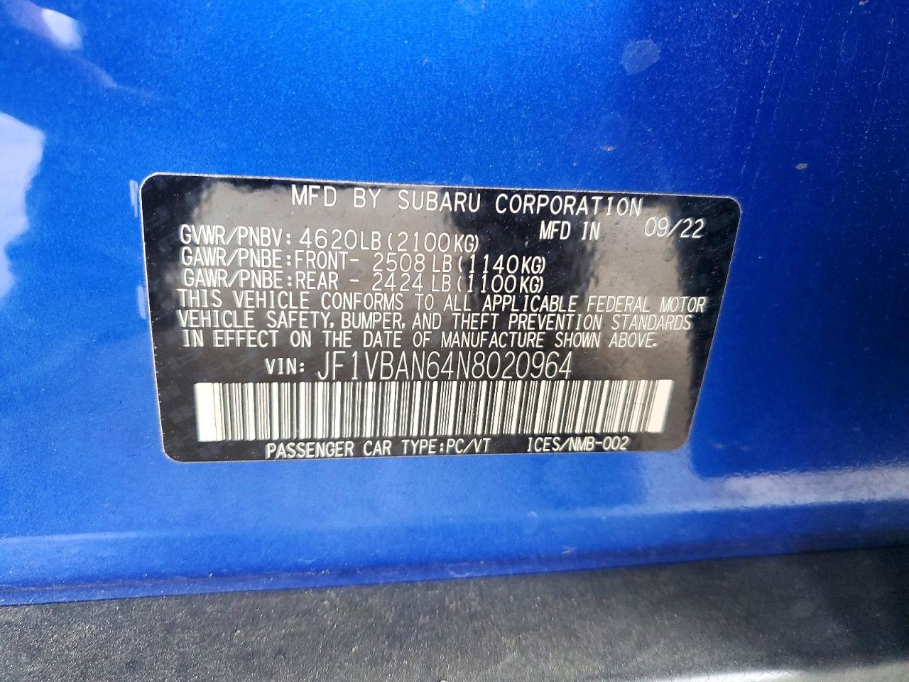 2022 Subaru Wrx VIN JF1VBAN64N8020964 photo 12