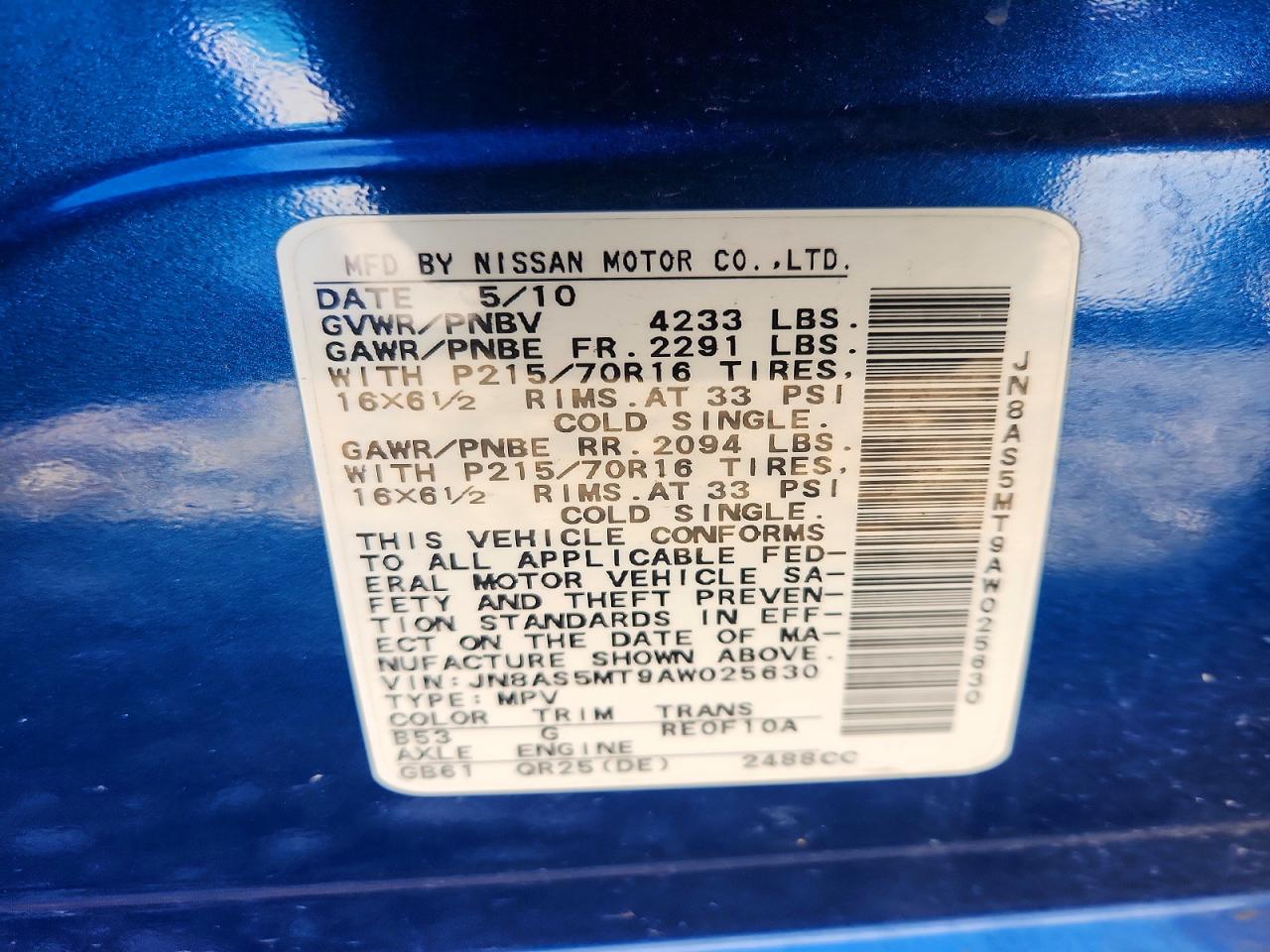 2010 NISS Rogue VIN JN8AS5MT9AW025630 photo 12