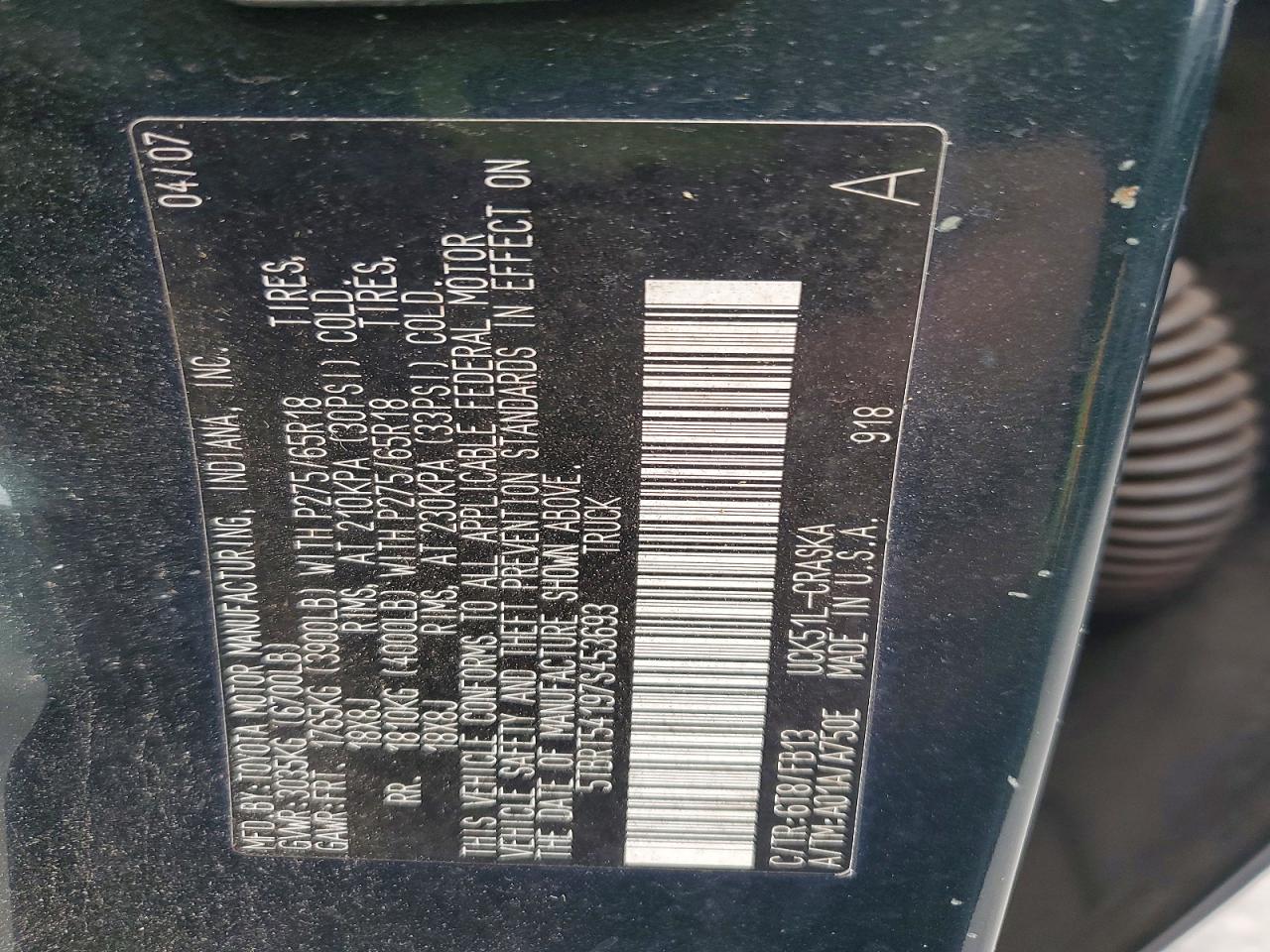 2007 Toyota Tundra VIN 5TBRT54197S453693 photo 12
