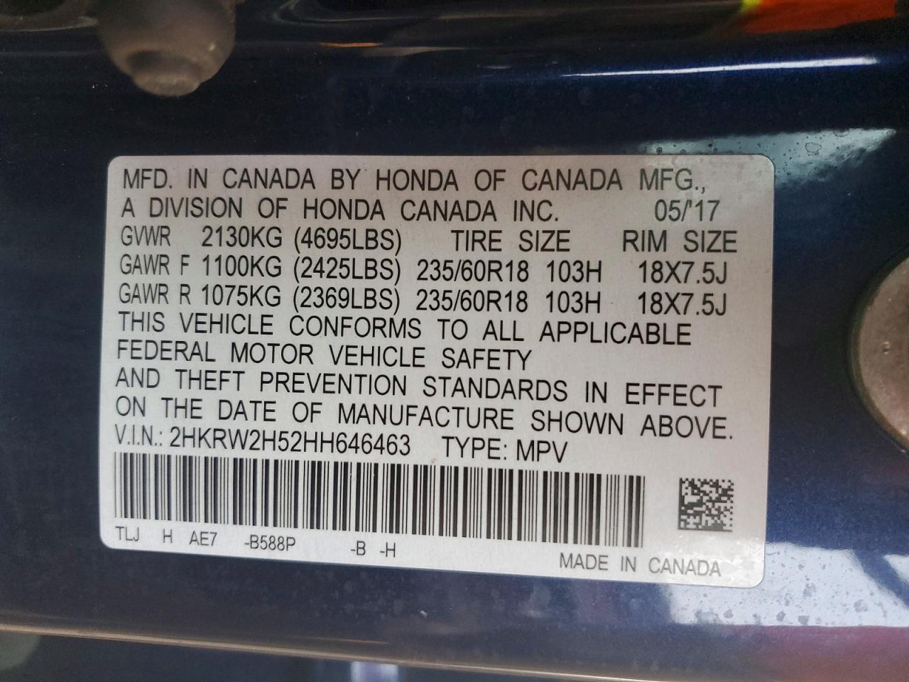 2017 Honda Crv VIN 2HKRW2H52HH646463 photo 12