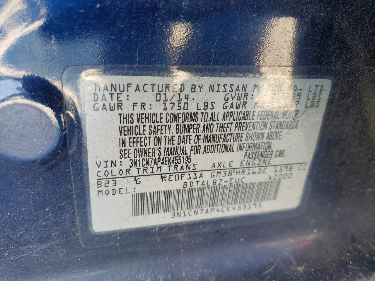 2014 NISS Versa VIN 3N1CN7AP4EK455195 photo 12