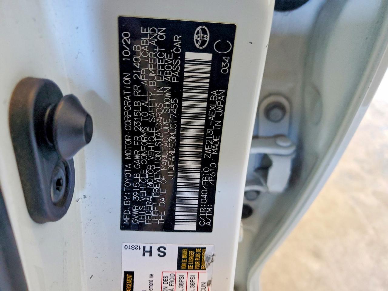 2021 Toyota Corolla VIN JTDEAMDE3MJ017455 photo 12