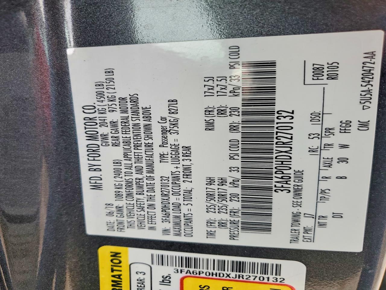 2018 Ford Fusion VIN 3FA6P0HDXJR270132 photo 12
