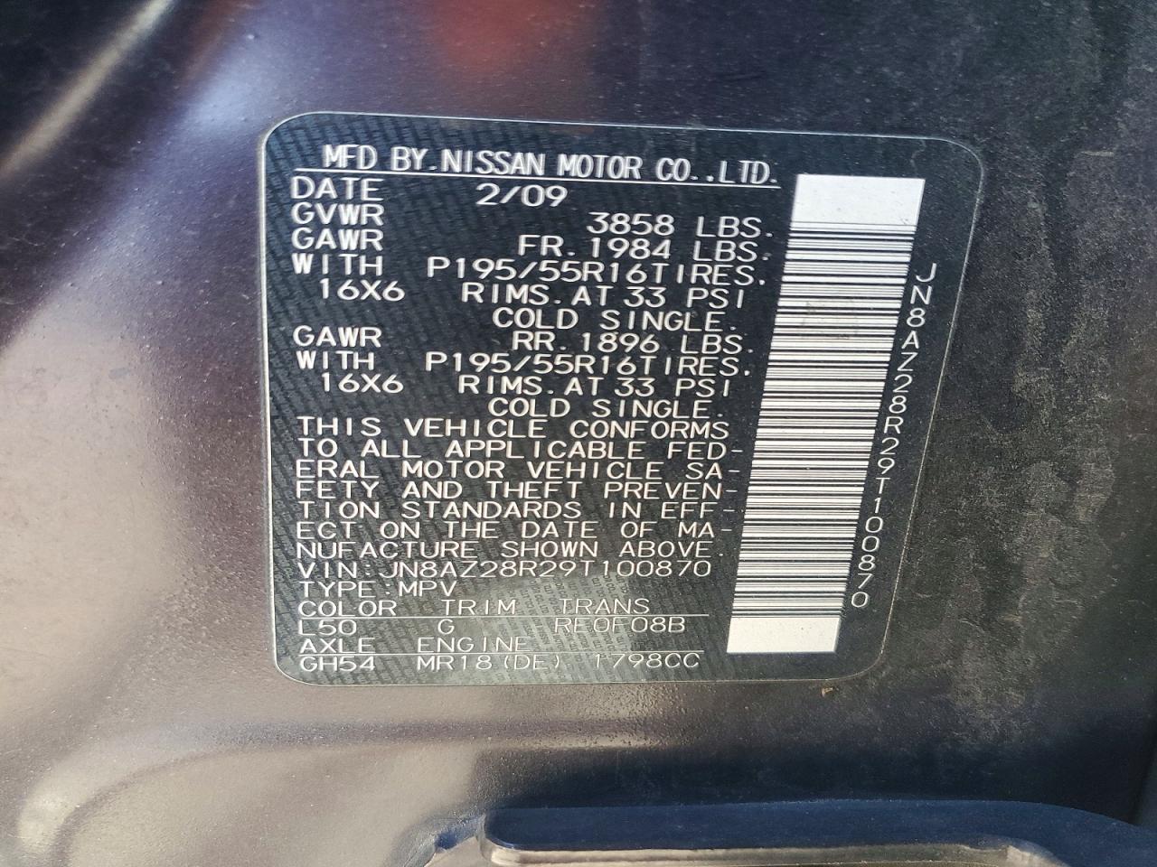 2009 Nissan Cube VIN JN8AZ28R29T100870 photo 12