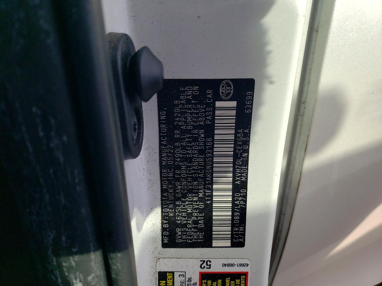 2022 Toyota Camry VIN 4T1F31AK0NU593166 photo 12