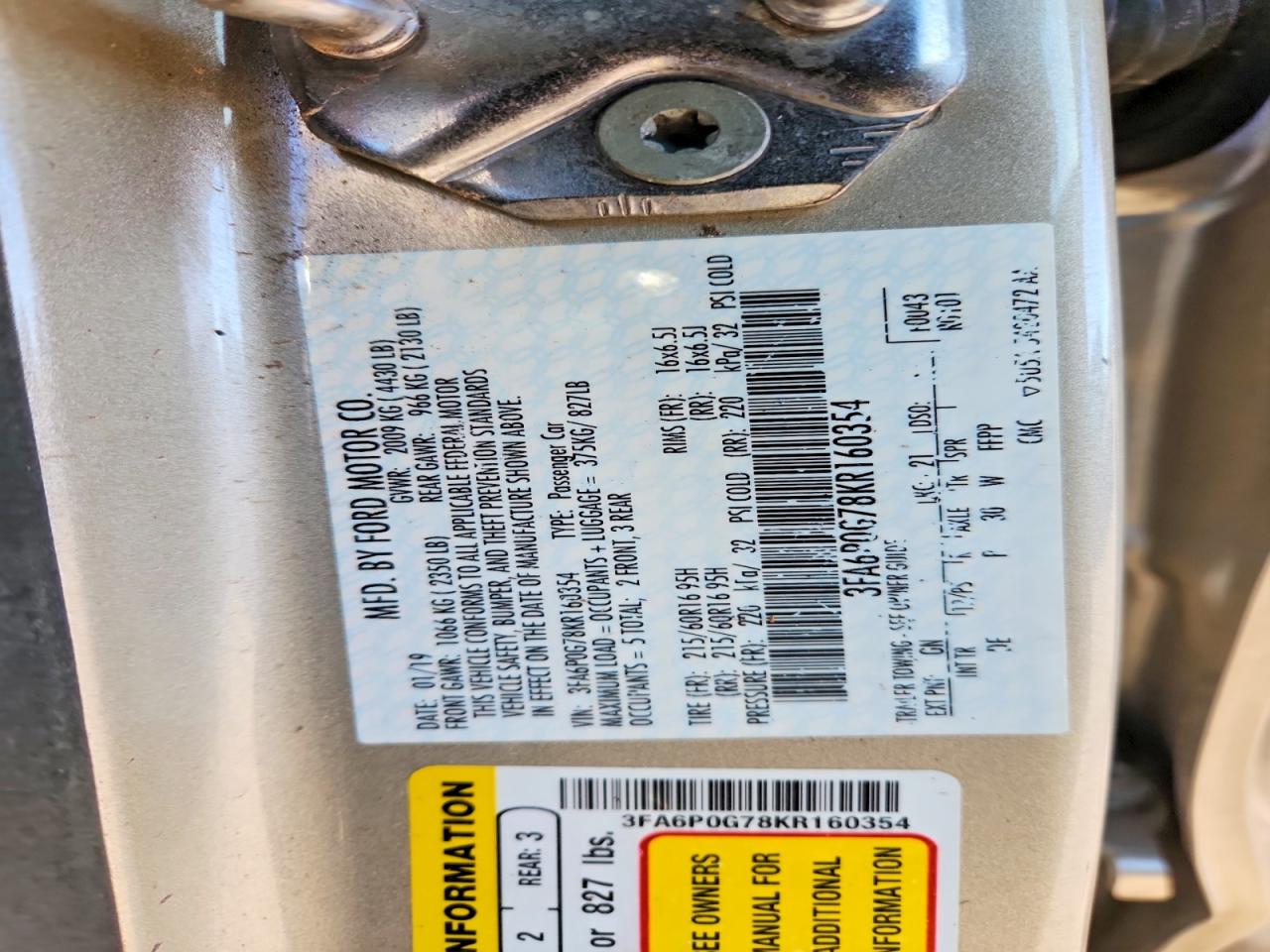 2019 Ford Fusion VIN 3FA6P0G78KR160354 photo 12