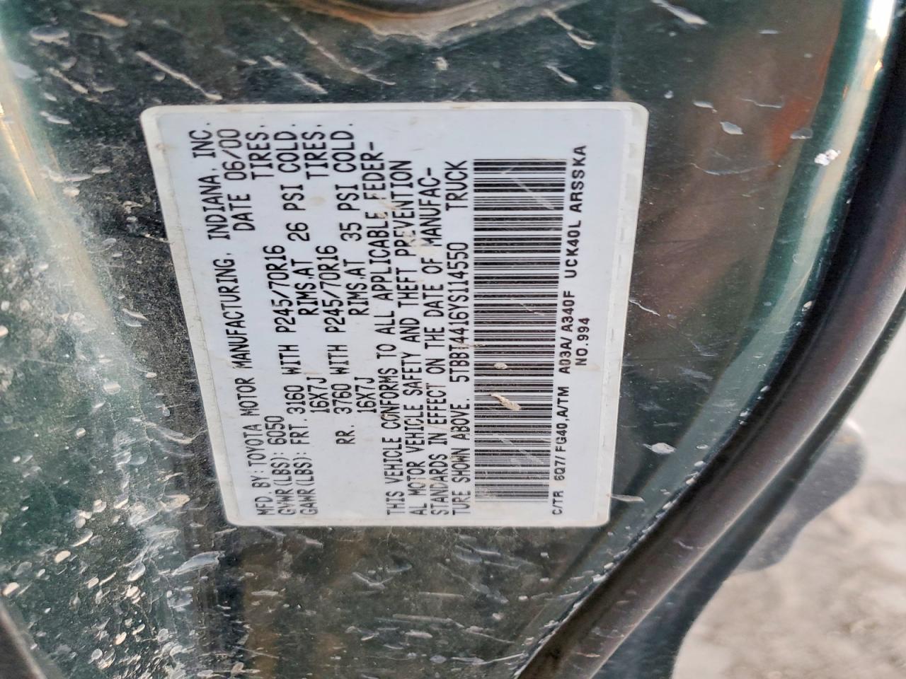2000 TOYOTA Tundra VIN 5TBBT4416YS114550 photo 12