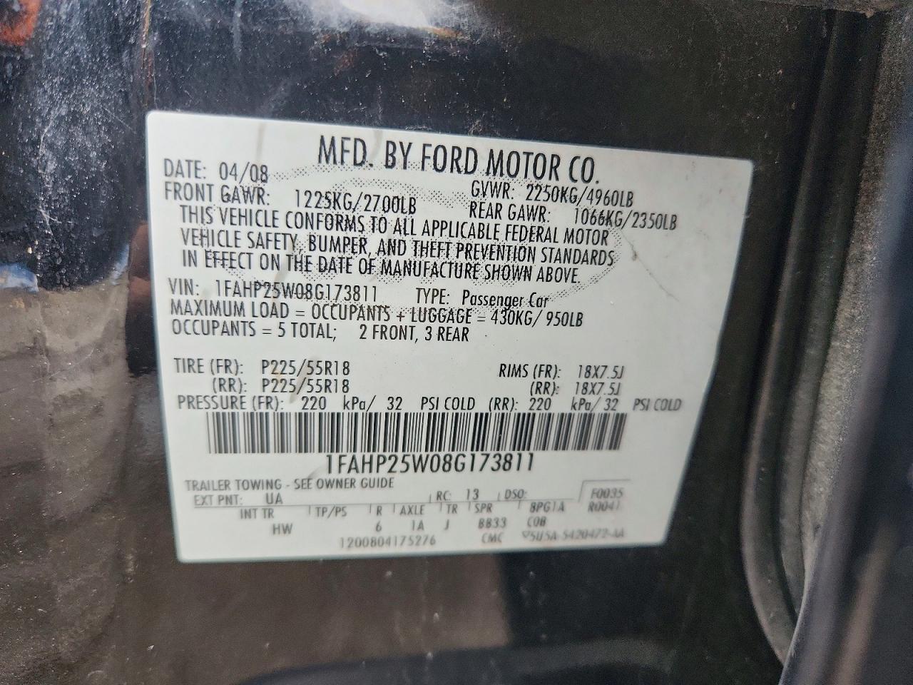 2008 Ford Taurus VIN 1FAHP25W08G173811 photo 12