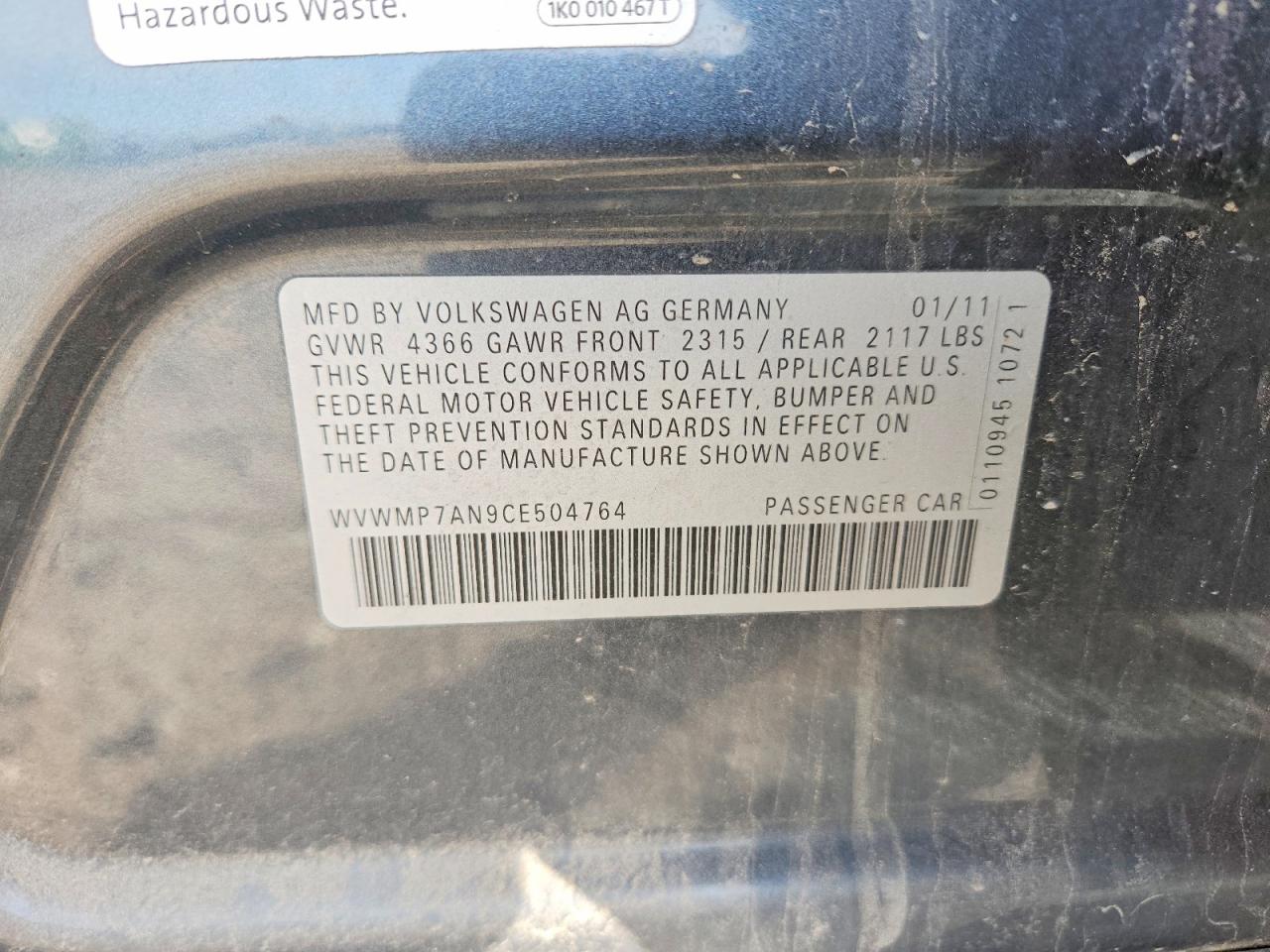 2012 Volkswagen Cc VIN WVWMP7AN9CE504764 photo 12