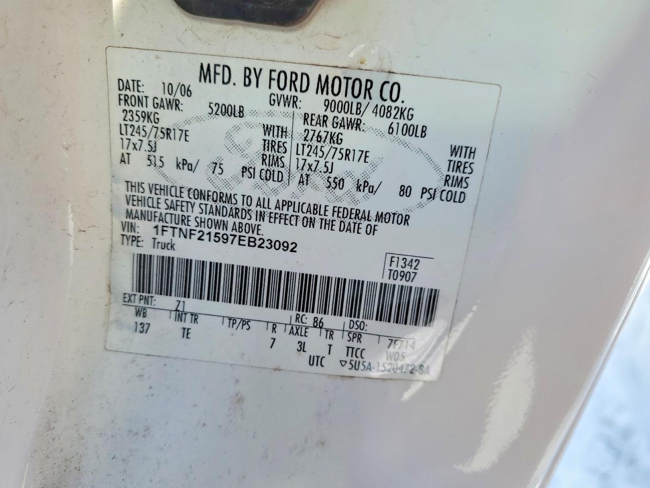 2007 Ford F250 VIN 1FTNF21597EB23092 photo 12