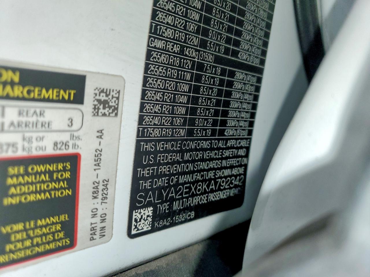 2019 Land Rangerover VIN SALYA2EX8KA792342 photo 12