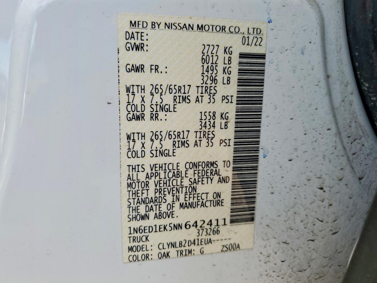 2022 Niss Frontier VIN 1N6ED1EK5NN642411 photo 12