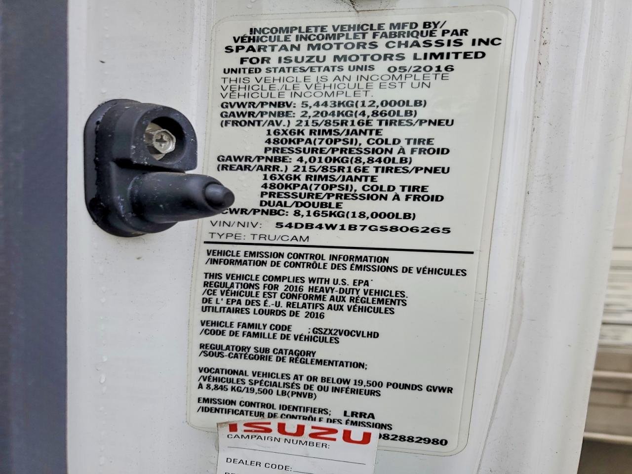2016 Isuzu All models VIN 54DB4W1B7GS806265 photo 12