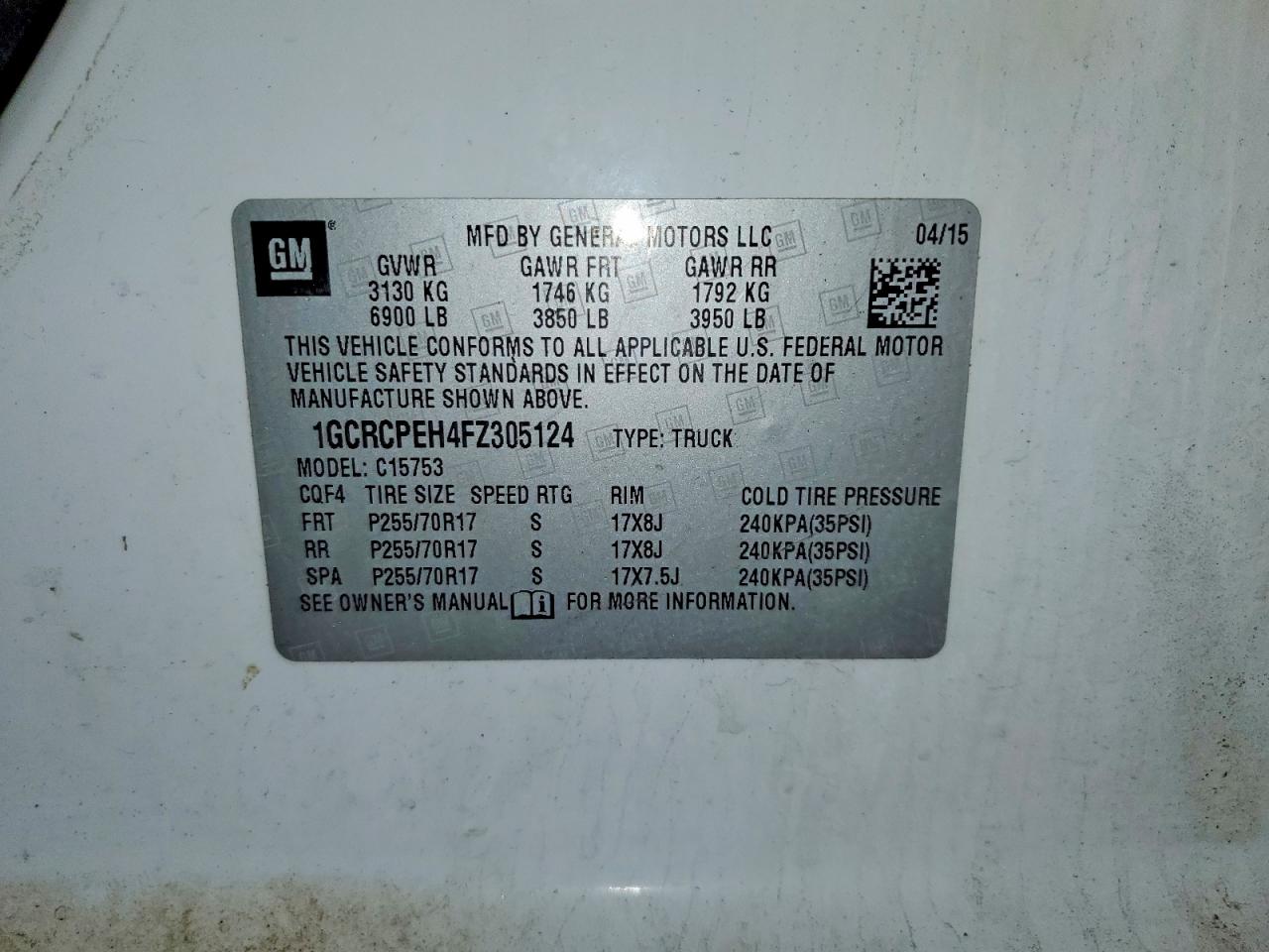 2015 Chevrolet All models VIN 1GCRCPEH4FZ305124 photo 12