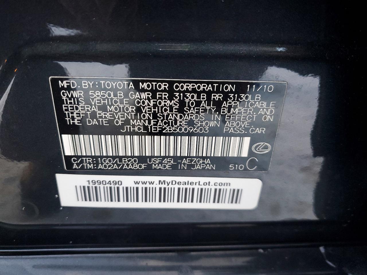 2011 Lexus Ls460 VIN JTHCL1EF2B5009603 photo 12