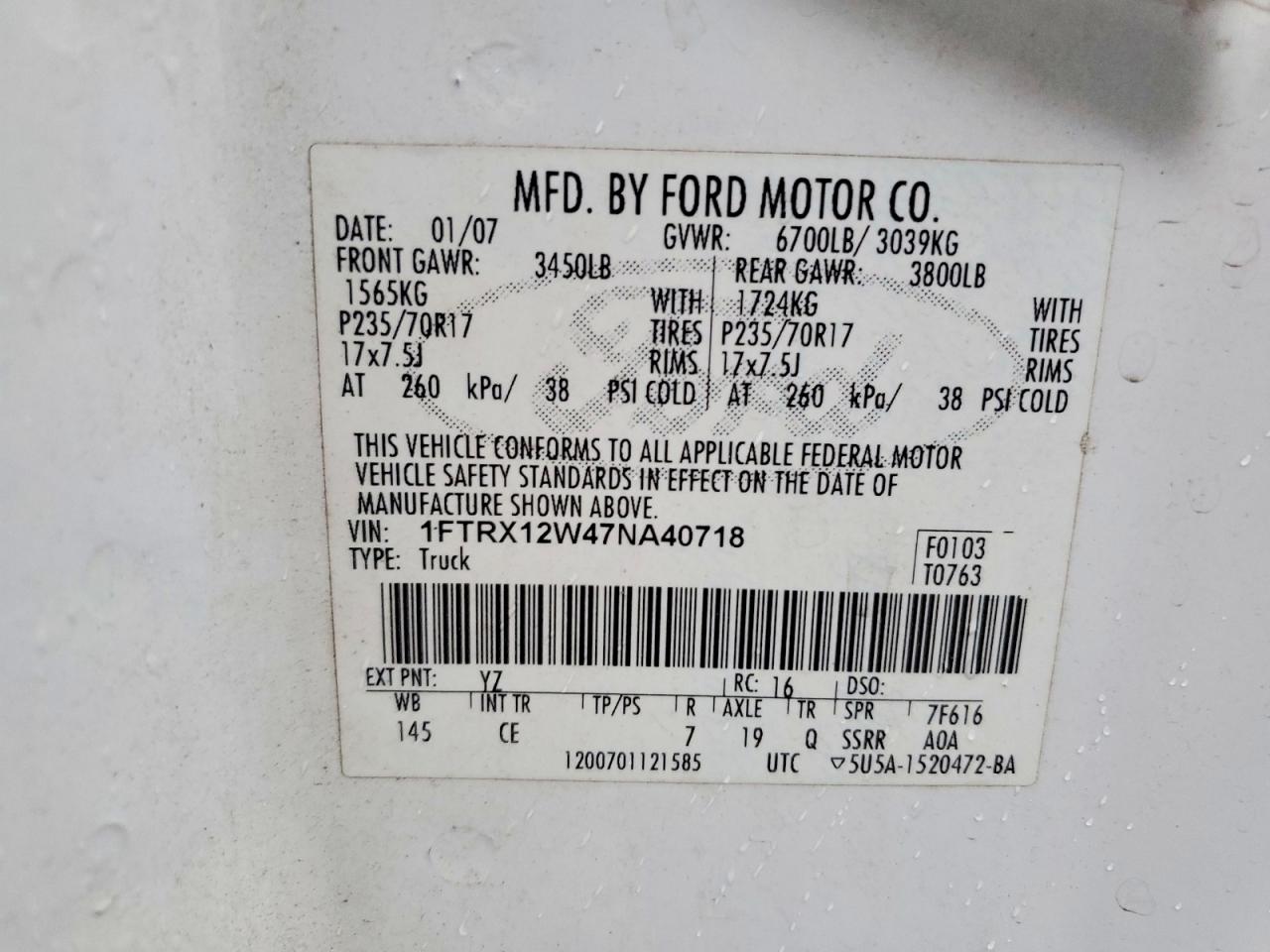 2007 Ford All models VIN 1FTRX12W47NA40718 photo 12